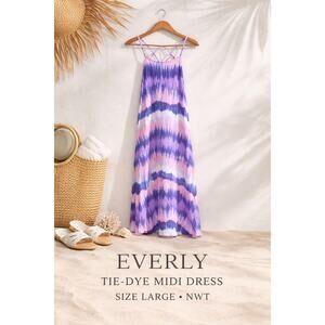 Everly Slip Dress Tie Dye Midi Purple White Rayon Stretch Size Large NWT